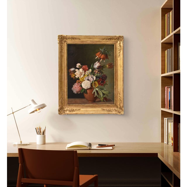 The Antique Flower Paintings category presents a refined oil painting on paper mounted on canvas, an elegant floral still...