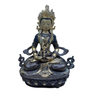 Tibetan Gilt Bronze Amitayus Buddha Statue Turquoise Inlay Sealed 8” For Sale