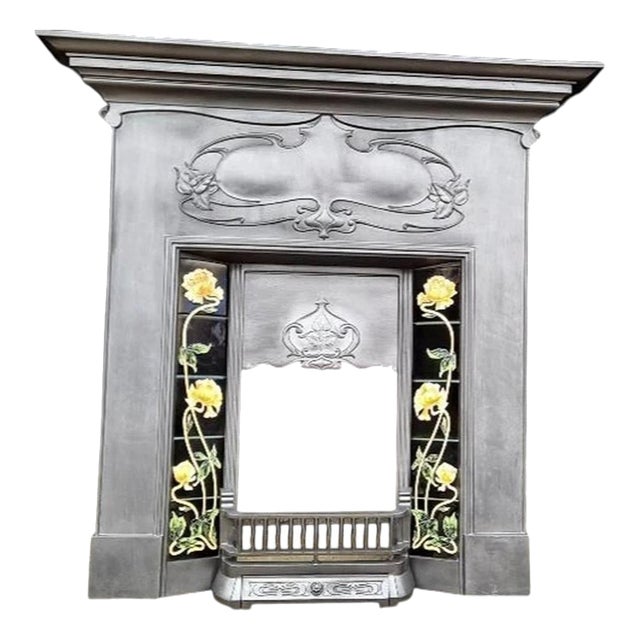 Art Nouveau Cast Iron Tiled Combination Fireplace Surround For Sale