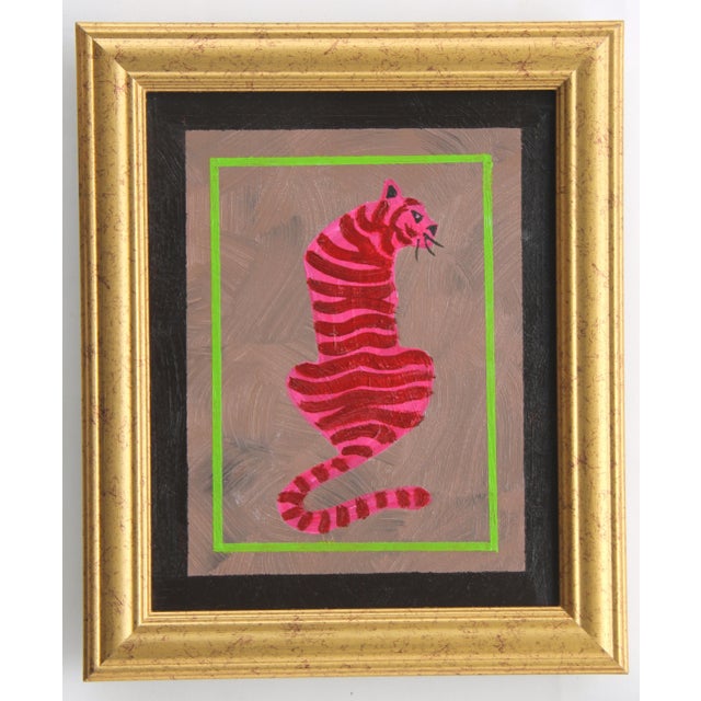 2020s Leopard Folk Art Pop Art Shabby Chic Mauve Pink Burgundy Oriignal Oil Painting by Cleo Plowden For Sale - Image 5 of 5