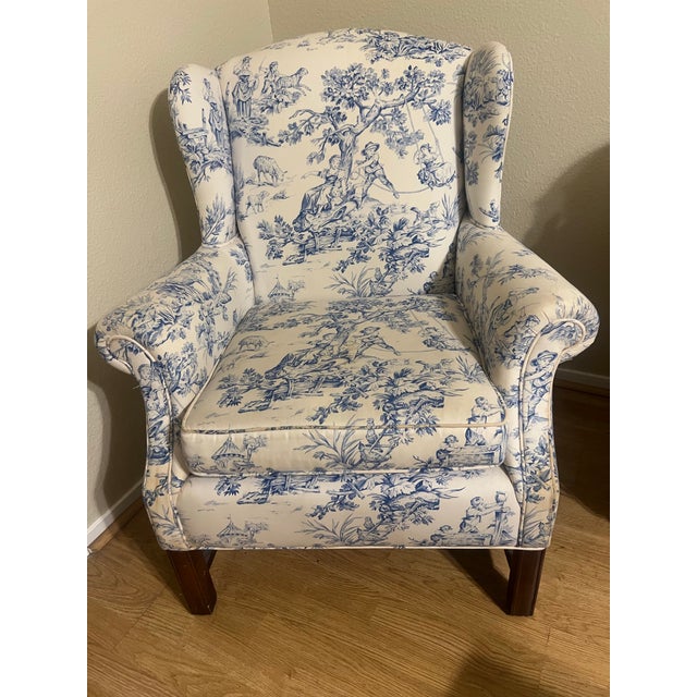 1980s 1980s Traditional Blue & White Toile Wingback Accent Chair For Sale - Image 5 of 12