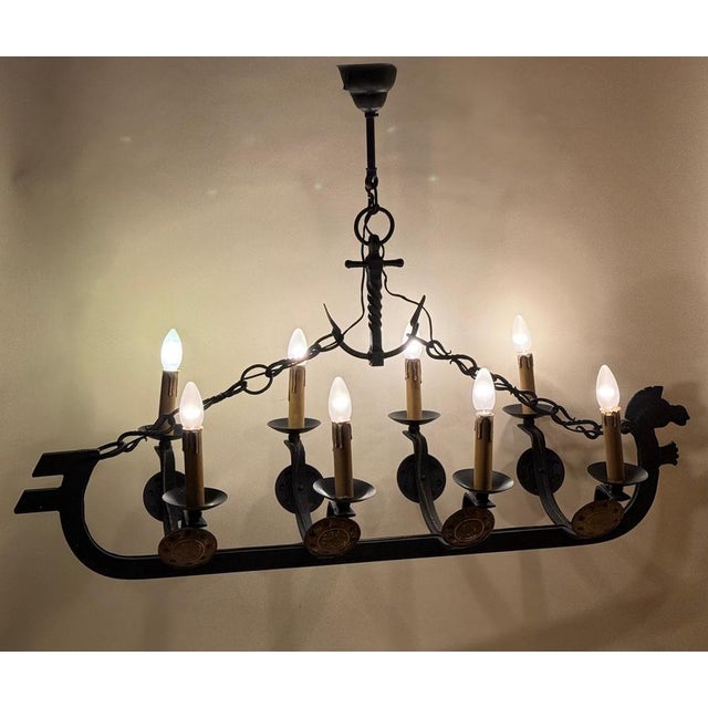 Art Deco Cast Iron Viking Longboat Chandelier, 1940s For Sale - Image 15 of 18