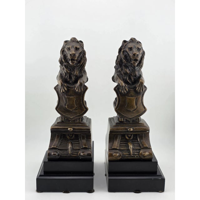 Victorian Rare Antique Pair of Victorian-Era Bronze Lion Rampart Bookends on Pedestal. For Sale - Image 3 of 16