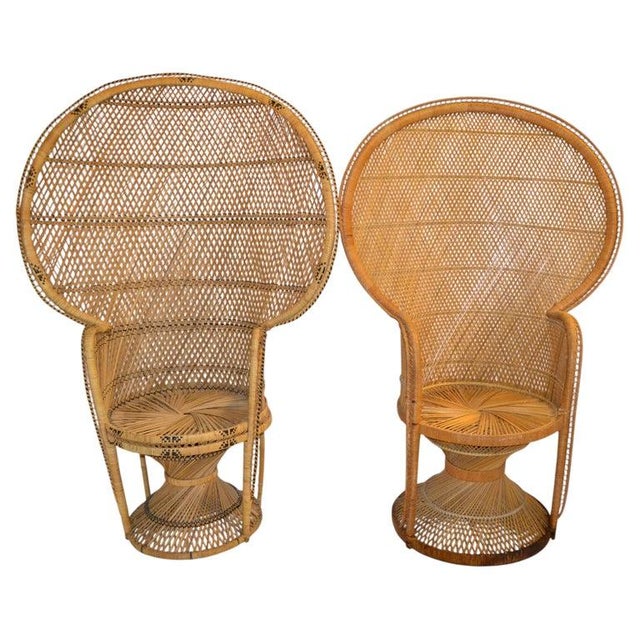 Stunning Him and Her Boho Chic handwoven vintage Beige and black peacock chair from the 1970s. Please note the details and...