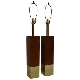 Brass and Walnut Table Lamps - a Pair For Sale