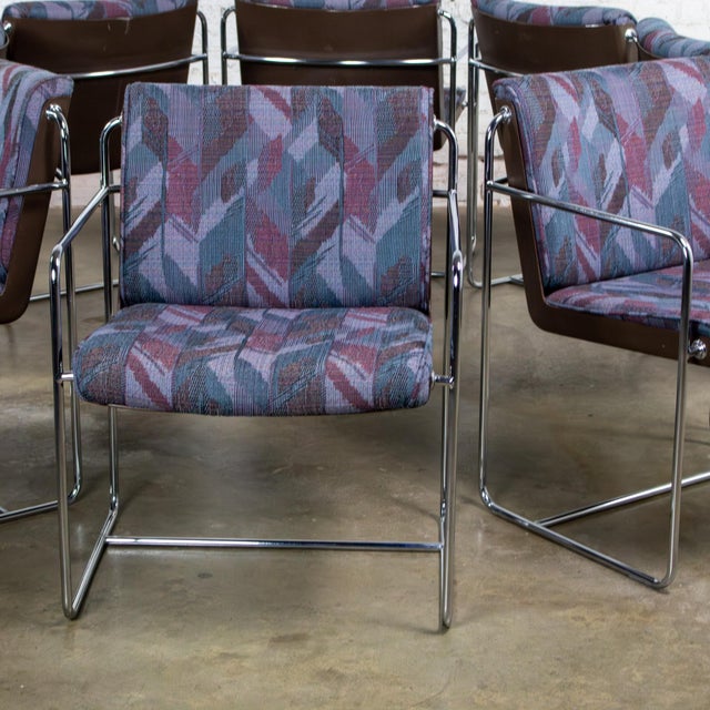 Late 20th Century Modern Krueger Set 8 Dining Armchairs Chrome Steel Rod Frames & Geometric Fabric For Sale - Image 14 of 18