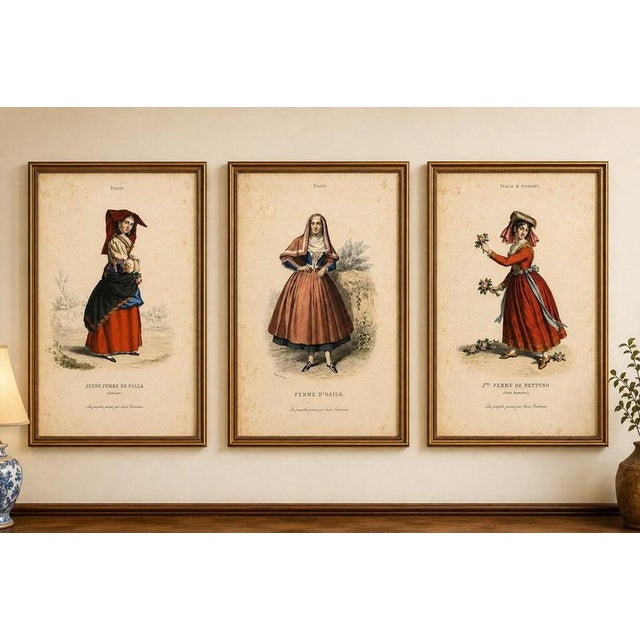 Set of three antique italian women folk costume engravings, circa 1850 description: beautiful set of three original...
