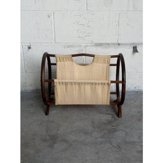 Mid-Century Modern Beige Rattan Magazine Rack With Canvas Holder Mid-Century Modern 1970s For Sale - Image 3 of 10