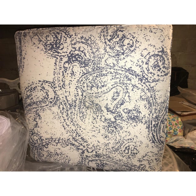 2010s Blue & White Upholstered Rattan Ottoman For Sale - Image 5 of 6