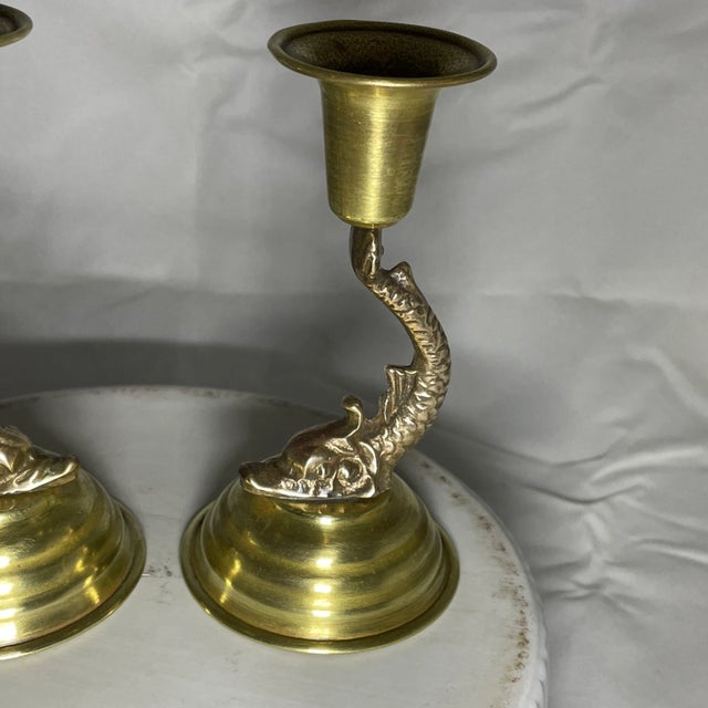 Vintage Brass Dolphin Candlestick Holders- Pair For Sale In Columbia, SC - Image 6 of 11