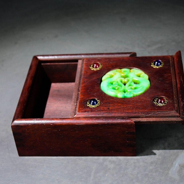 Vintage Chinese Rosewood Jewelry Box With Jade & Gemstone Inlay – Chinoiserie Decor For Sale In Los Angeles - Image 6 of 9