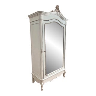 Early 19th Century French Louis XV Provincial Painted Armoire With Carved Crest & Mirror For Sale