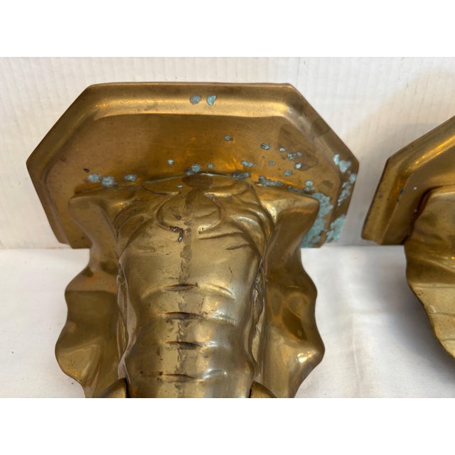 1930s Pair of 1930s Brass Elephant Head Motif Wall Brackets For Sale - Image 5 of 11