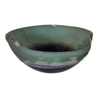 Handshaped Porcelain Bowl With Reactive Drip Glaze in Blue & Aqua For Sale