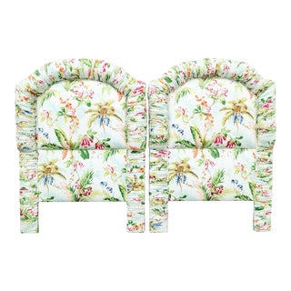Custom Made Palm Beach Regency Pleated Floral Tropical Upholstered Twin Size Headboards- a Pair For Sale