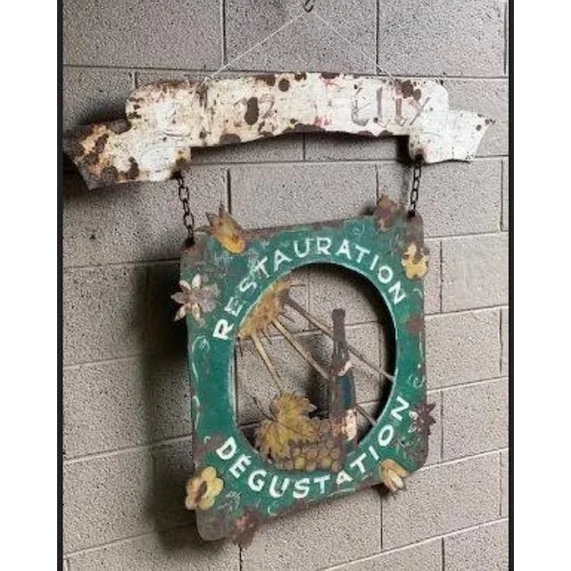 A 1930s French iron restaurant sign — vintage bistro café advertising. Measures 42"W x 47.5"H. A fantastic statement piece...
