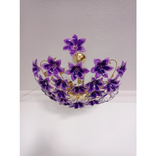 Vintage 1970s Murano Purple Glass Semi-Flush Mount Calla Lily Hand Painted Chandelier For Sale - Image 12 of 12