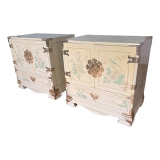 Vintage Chinoiserie Lacquered Nightstands – Pair With Brass Hardware & Hand-Painted Detail For Sale