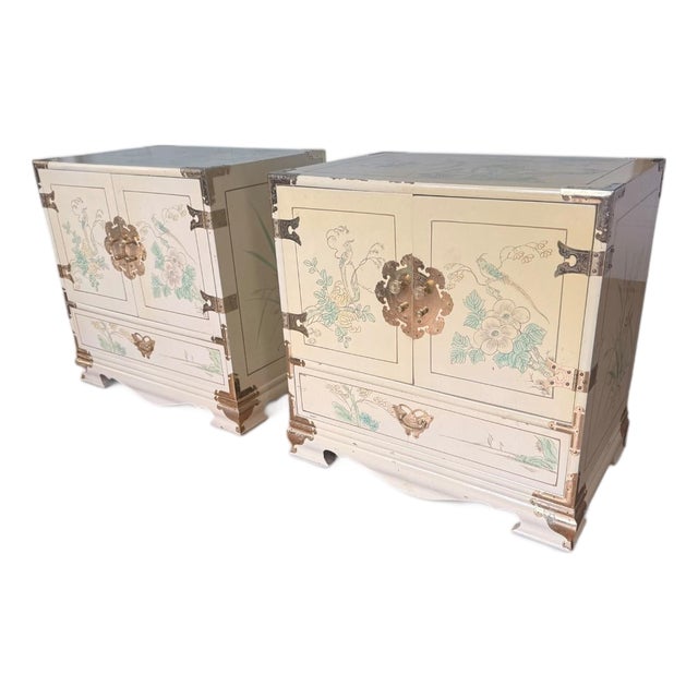Vintage Chinoiserie Lacquered Nightstands – Pair With Brass Hardware & Hand-Painted Detail For Sale