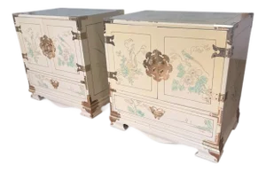 Vintage Chinoiserie Lacquered Nightstands – Pair With Brass Hardware & Hand-Painted Detail