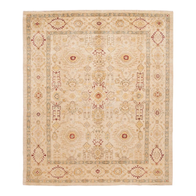 21st Century Modern Beige Peshawar Wool Rug With Floral Motif For Sale
