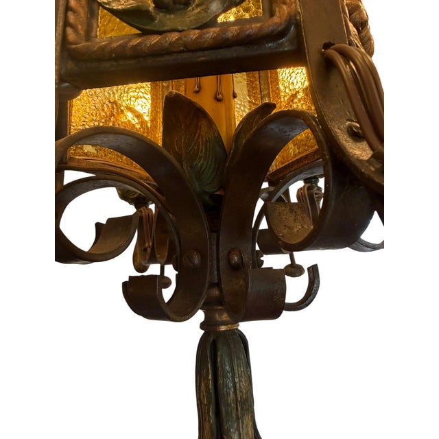 Early 1900’s Original Polychrome Painted Chandelier With Flowers and Amber Glass For Sale - Image 11 of 14