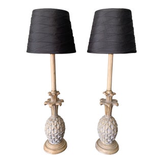 Late 20th Century Gold Wooden Pineapple Buffet Style Lamps With Black Shades - a Pair For Sale