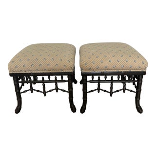 2000s Chippendale Black Faux Bamboo Upholstered Ottomans - Set of 2 For Sale