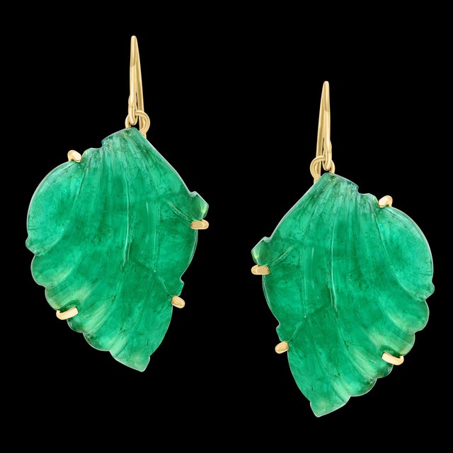 55 Ct Carved Emerald Leaf Shape Earrings 14 Kt Yellow Gold French Wire Earring Emerald Post Earrings 14 Karat Yellow Gold...