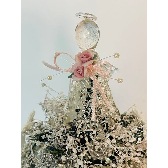 Antique White Vintage Artisan Mini Christmas Tree W Angels Under Glass Dome For Sale - Image 8 of 8