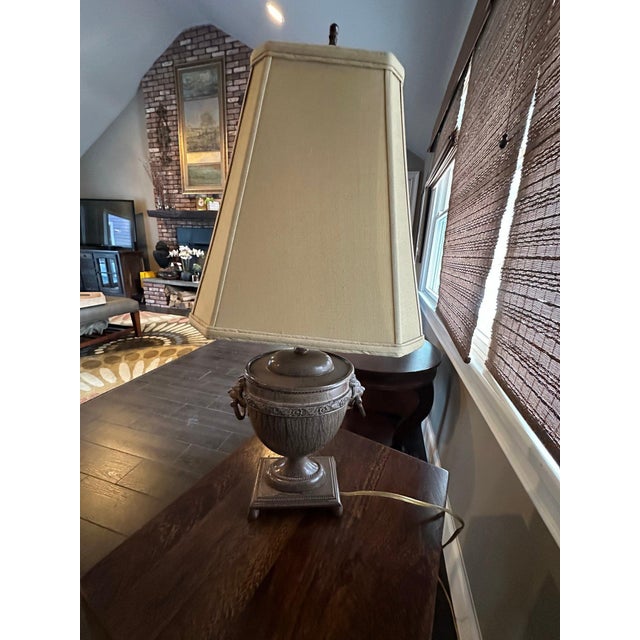 English Vintage John Richard Neoclassical Lion Head Urn Lamp With Tassel Shade For Sale - Image 3 of 13