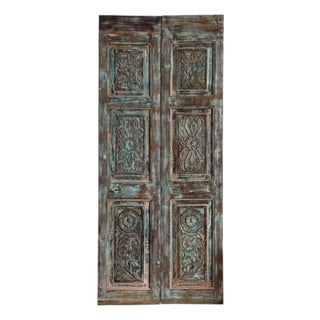 Antique Indian Carved Closet Door With Floral Motif | Boho Hinged or Sliding Barn Door Panel 80x35 For Sale