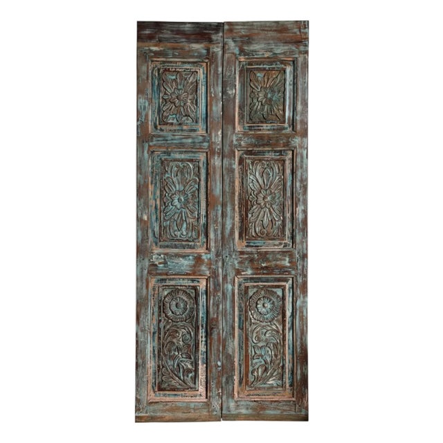 Antique Indian Carved Closet Door With Floral Motif | Boho Hinged or Sliding Barn Door Panel 80x35 For Sale