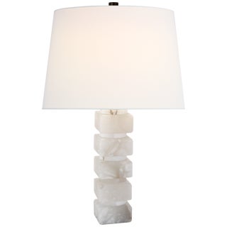Chapman & Myers by Visual Comfort Signature Square Chunky Stacked Table Lamp in Alabaster with Linen Shade For Sale