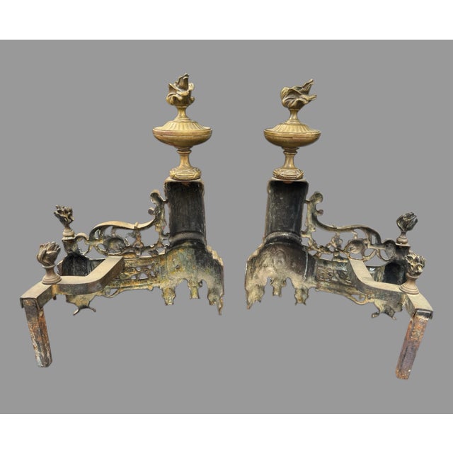 Pair of Antique French Victorian Ornate Cast Metal Fireplace Chenet Andirons For Sale - Image 6 of 8