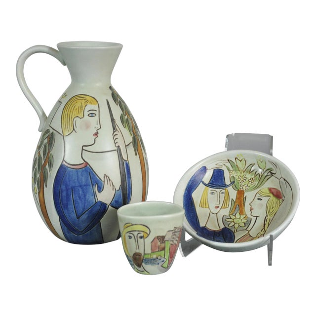 1960 Hand Painted Carl Harry Stalhane Rorstrand Pitcher Bowl Cup - 3 Piece Group For Sale