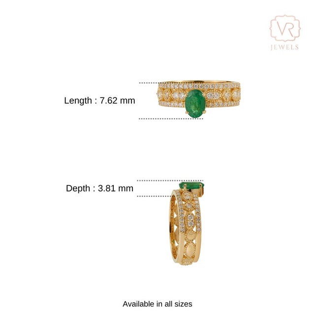 Oval Emerald & Diamond Vintage-Inspired Luxury Statement Ring in 18k Yellow Gold Size 8 For Sale - Image 12 of 17