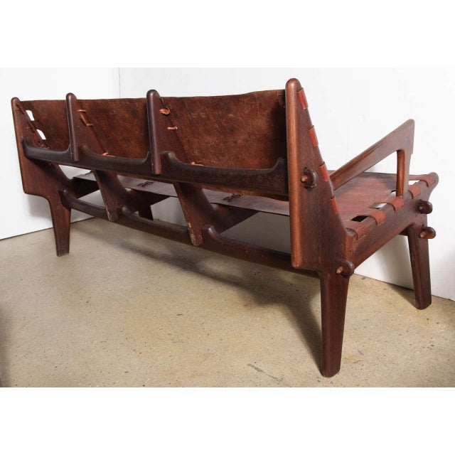 Brown 1960s Vintage Angel Pazmino Rosewood and Russet Leather Three-Seat Sofa For Sale - Image 8 of 11