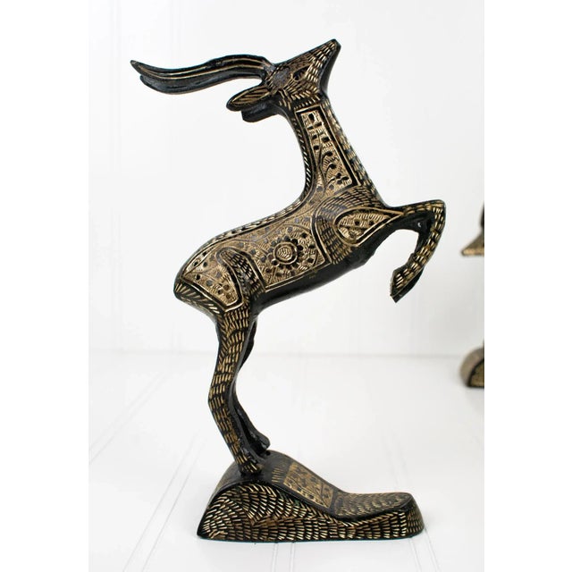Mid-Century Hand-Engraved Black Enamel & Brass Gazelles – a Pair For Sale - Image 4 of 13