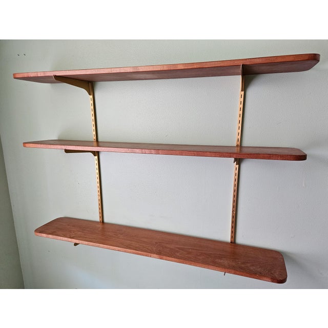 Mid-Century Modern Vintage 1970s Three Tier Open Hardwood Wall Mount Shelves W Adjustable Bracket Brass Rails For Sale - Image 3 of 10