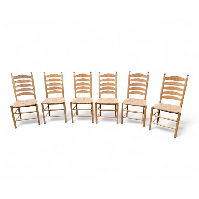 Vintage French Farmhouse Ladderback Dining Chairs in Oak with Rush Seats, 1950s, Set of 4 For Sale - Image 13 of 13