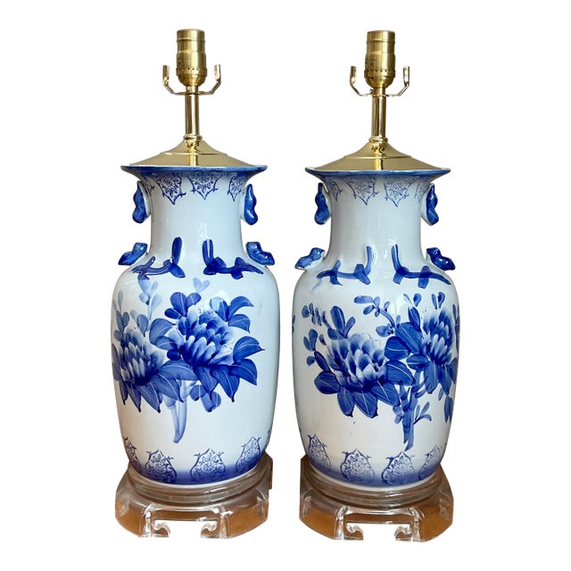 Vintage Glazed Ceramic Blue and White Lamps - A Pair For Sale