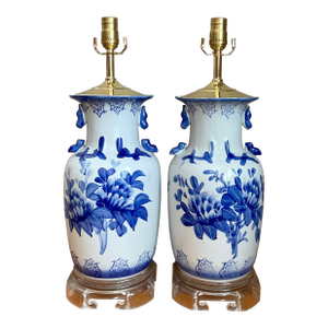Vintage Glazed Ceramic Blue and White Lamps - A Pair