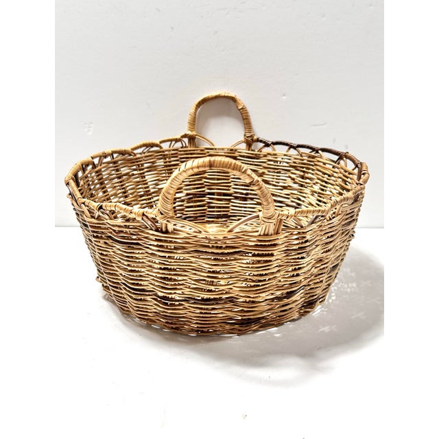 Vintage Handwoven Wicker Bread Basket – Round Farmhouse Storage Basket With Wrapped Handles For Sale - Image 4 of 9