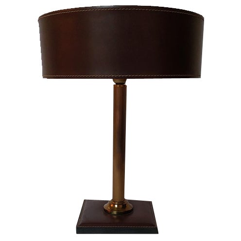 Square Base Table Lamp in Brown Leather attributed to Jacques Adnet for ILG For Sale