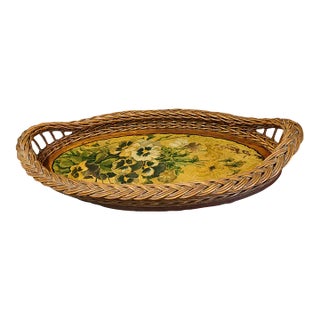 Antique Early 20th Century Victorian Hand Painted Floral Pansies Wood & Wicker Tray For Sale