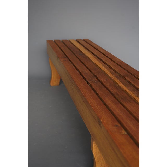 Brown Long Oak Slatted Bench, 1960s For Sale - Image 8 of 9
