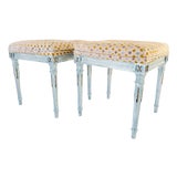 Mid 20th Century French Louis XVI Style Blue Painted Footstools With Brass Accents & Polka Dot Cut Velvet - A Pair For Sale