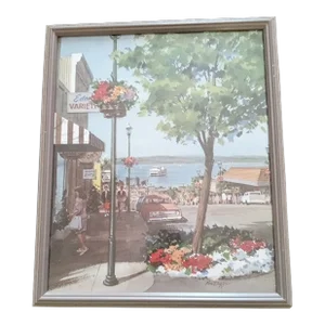 1980s Exquisite Artist Signed Original Watercolor of City Promenade Framed Art