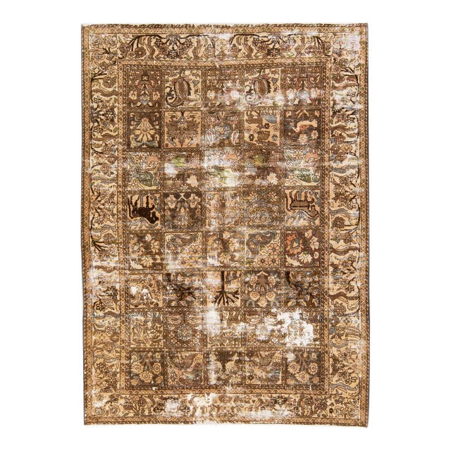 1960s Vintage Distressed Handmade All Over Beige Wool Rug For Sale